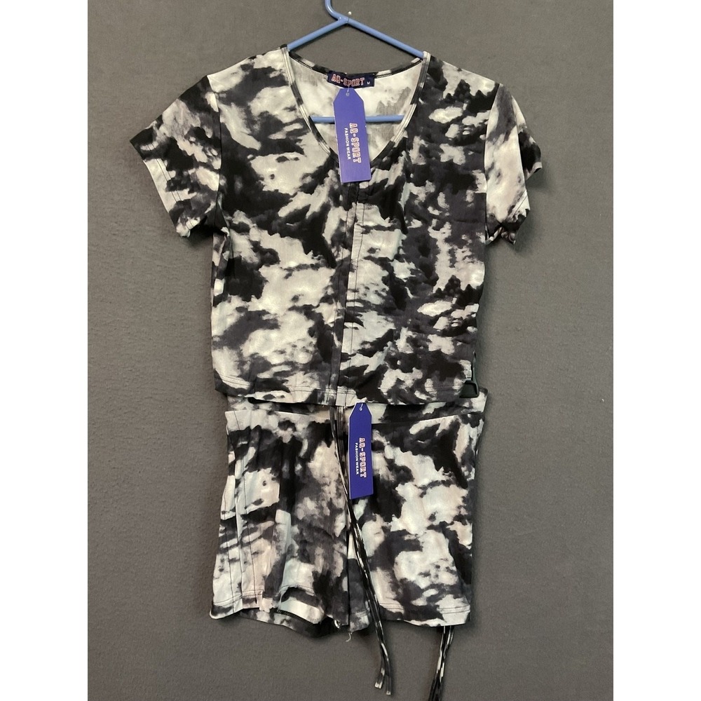 AQ Sport Shirt Shorts Set Womens‎ Medium Black White Tie Dye Lounge Activewear